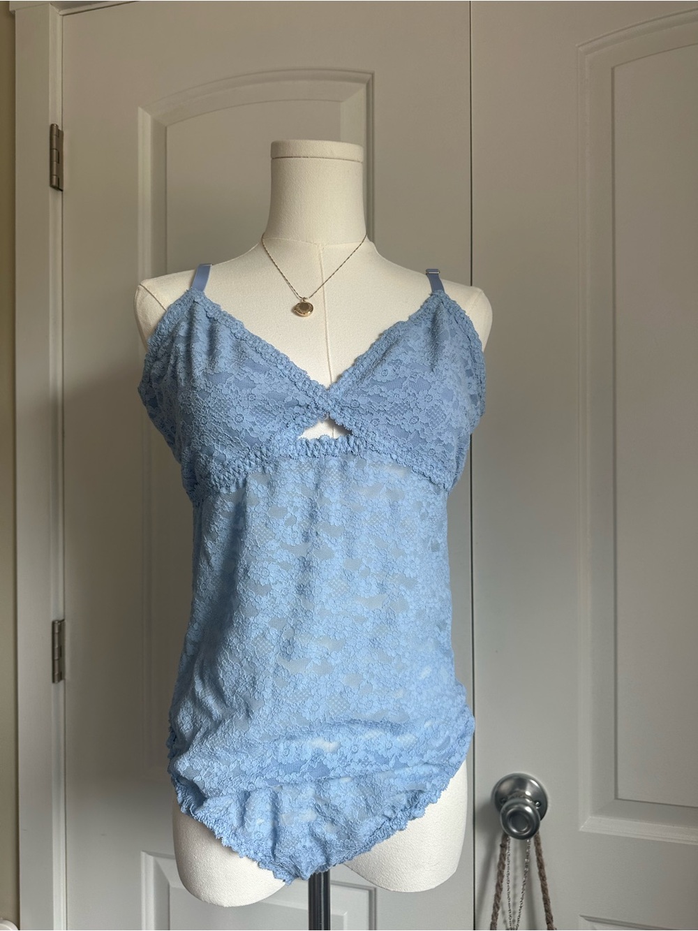 Feminine & Coastal Light Blue Aerie Lace Bodysuit